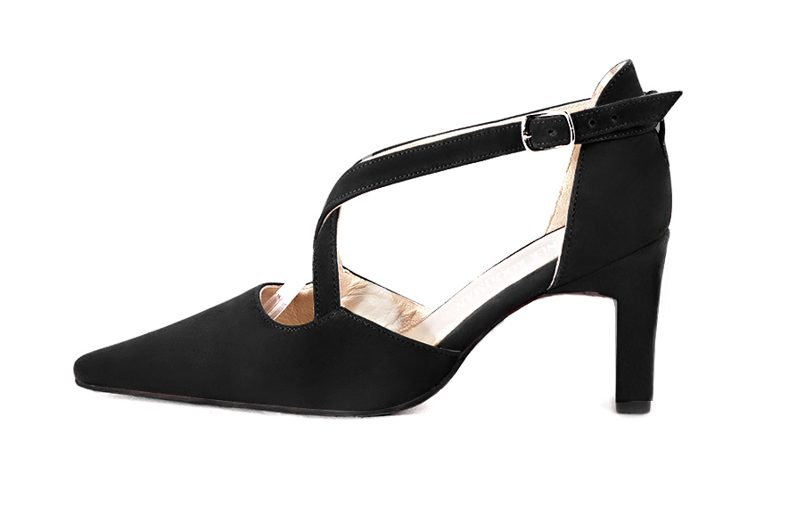 Women's matt black open side dress shoes, with crossed straps. Tapered toe. High comma heels - Profile view